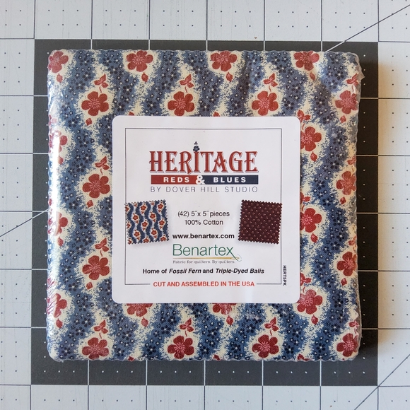 Cotton Quilting Craft Fabric Charm Pack Heritage Benartex Red Blue Vintage Dover - Picture 2 of 3